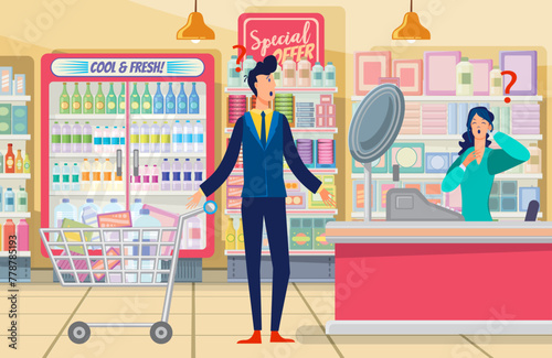 Young man with shopping cart confused with high prices in supermarket. Buyer shrugging shoulders, ccashier with question marks flat vector illustration. Shopping, price increase concept