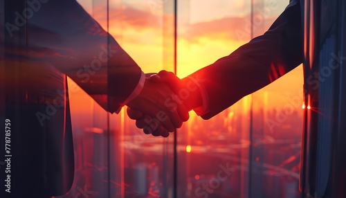 Symbolic Handshake Amidst Workplace Radiance. Signifying Partnership, Success, and Business Accords photo