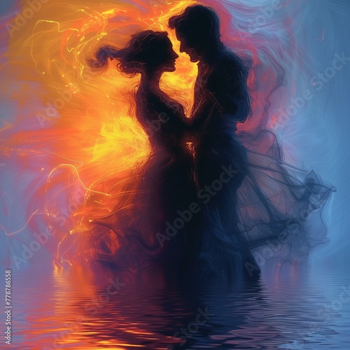 Silhouette of a loving couple kissing in the night and embracing each other in the water with a flowing fabric dress, colorful flames in the background © nettspring