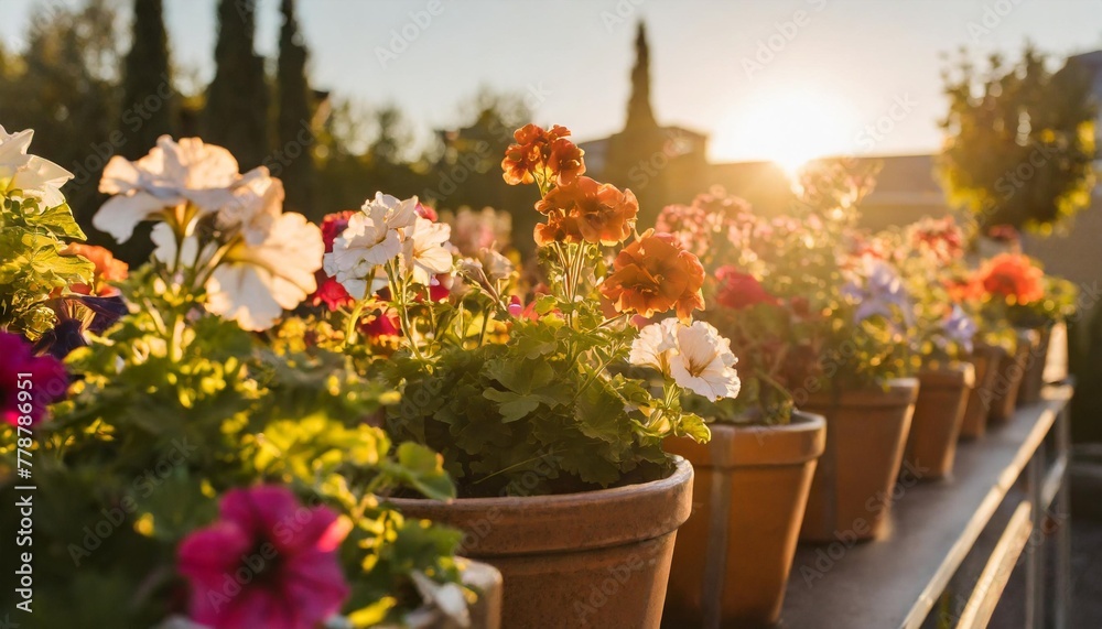 bright blooming summer flowers including geraniums and petunias in pots close up