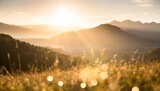 stunning sunrise over the mountains refreshing meadow landscape bathed in sunrays and golden bokeh