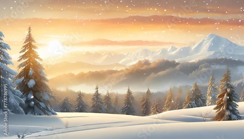 winter landscape with snowy covered on mountain and forest tree on white background vector cartoon horizon winter wonderland with blizzard with sunset christmas background new year banner © Michelle