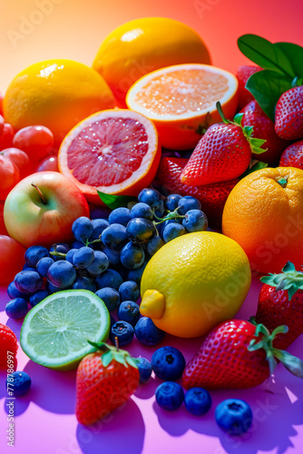 Colorful assortment of fruits including apples oranges and strawberries.