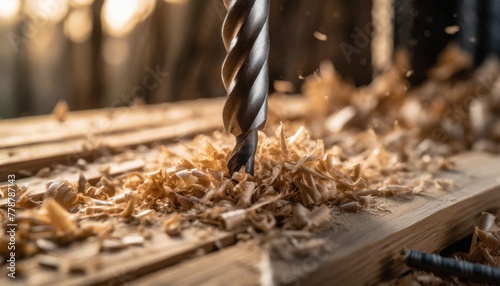 close shot of drill bit entering wood wood shavings scattered photo