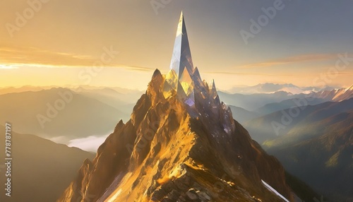 an illustration of a crystalized mountain peak showing a spire of crystal shapes with a low valley