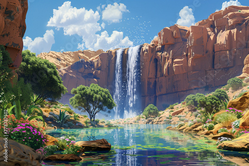 Create an AI artwork of a dreamlike waterfall plunging into a hidden oasis within the desolate, arid landscapes of the Sahara Desert, its waters shimmering with unexpected vibrancy  photo