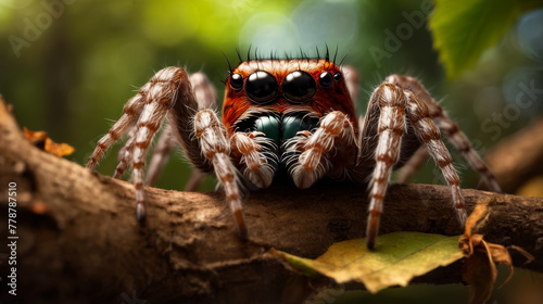 Spider with green and black eyes sits on tree branch. photo