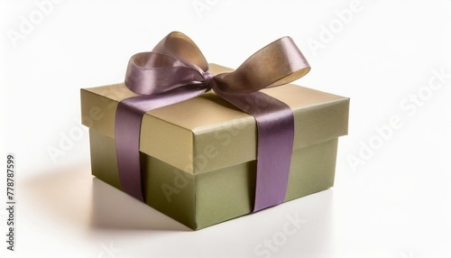 green paper present box with violet ribbon bow isolated on white background