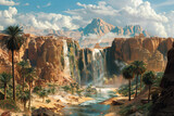 Create an AI artwork of a dreamlike waterfall plunging into a hidden oasis within the desolate, arid landscapes of the Sahara Desert, its waters shimmering with unexpected vibrancy 