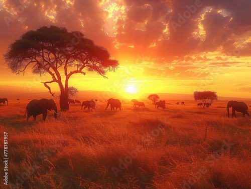 African savannah, herds of elephants and giraffes, acacia trees Wild and Free Wide Angle & High-Resolution Natural Colors & Golden Hour Lighting 