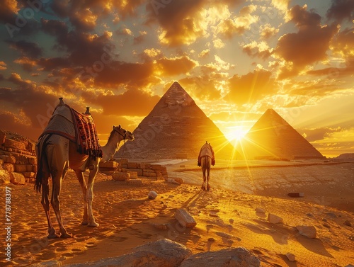 Egyptian pyramids at dawn  camels in foreground  golden light casting shadows Ancient and Timeless Wide Angle   High-Resolution Warm Golds   Mystical Aura 