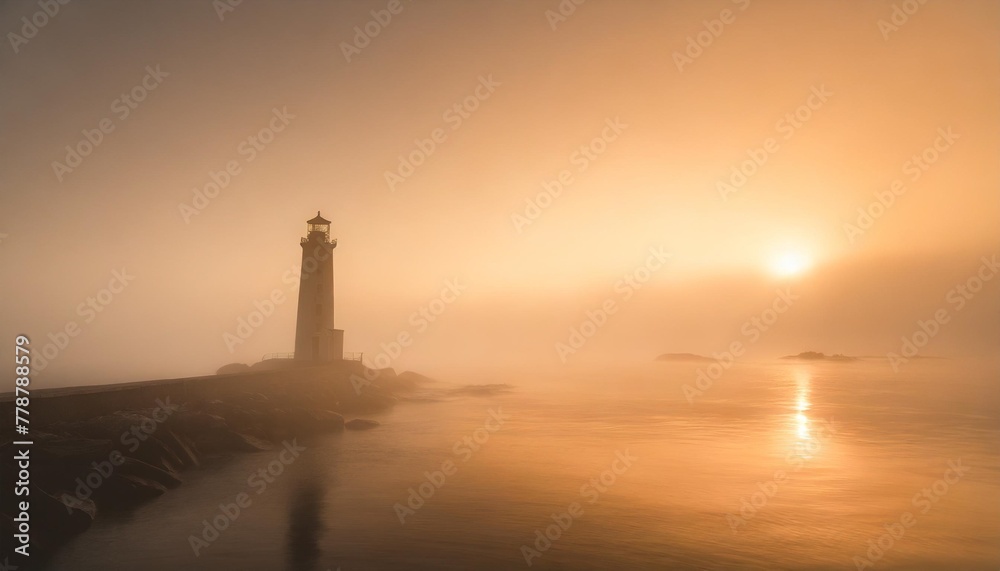 lighthouse seascape in mystic fog at night