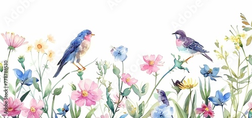 Pair of songbirds in front of lush meadow of wildflowers. Watercolor floral illustration for textile design or stationery. Floral frame for wedding invitations  greeting cards or home decor