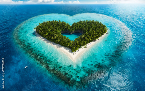 Computer-generated island in the shape of heart is shown with several beach items such as umbrellas chairs and boat nearby.