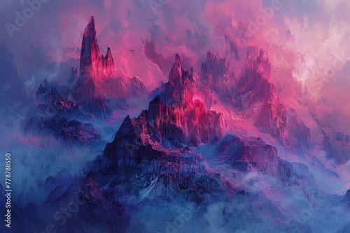 Create an AI-generated artwork depicting the abstract concept of power and strength as a towering mountain range, its rugged peaks rising defiantly against the horizon. Jagged cliffs and rocky outcrop photo