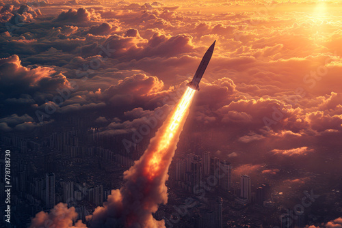 Rocket is launching into space with cityscape in the background under cloudy sky.