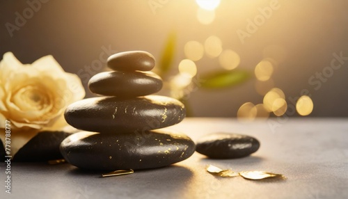 black spa stones on the gray table background