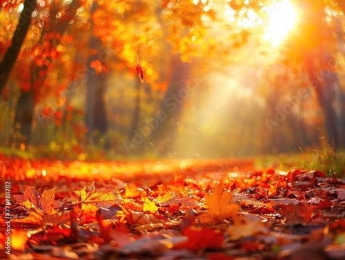Autumn forest, vibrant fall colors, leaves on the ground Warm and Nostalgic Medium Shot & Crisp Golden Tones & Soft Sunbeams © SurfacePatterns