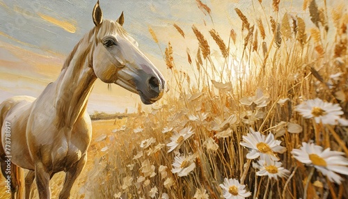art abstraction plants flowers golden grains oil on canvas brush the paint animals horses
