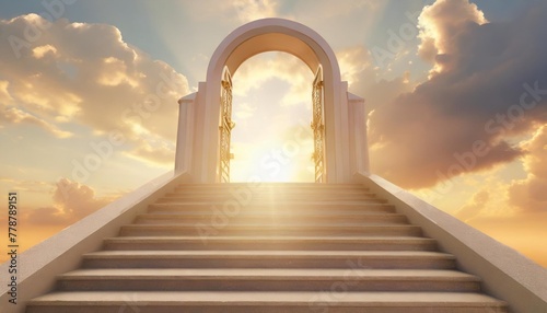 entrance to paradise clouds sun and sky in doorway stairway to heaven heavens gate to heaven end of life stairway to heaven religious background realistic 3d illustration generative ai