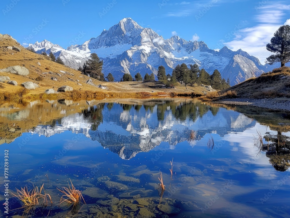 A serene mountain lake, surrounded by snow-capped peaks, mirrored reflections of alpine beauty Alpine Tranquility Majestic Peaks & Crystal Waters Pristine Solitude & Natural Harmony
