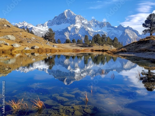 A serene mountain lake  surrounded by snow-capped peaks  mirrored reflections of alpine beauty Alpine Tranquility Majestic Peaks   Crystal Waters Pristine Solitude   Natural Harmony
