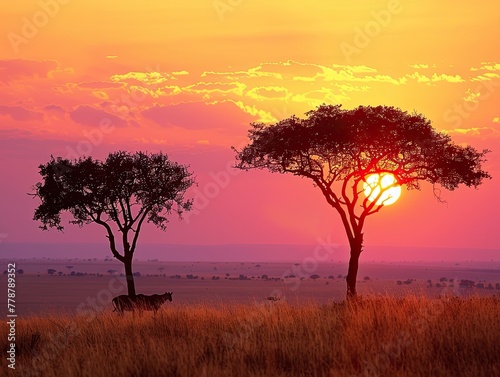 A vast savanna at sunrise, silhouetted acacia trees against a sky painted with hues of orange and pink Savannah Sunrise African Majesty & Golden Light Untamed Beauty & Timeless Wilderness