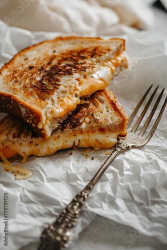 Closeup of grilled cheese sandwich and a fork on a wrinkled white paper. Grilled cheese sandwich day. Delicious looking.