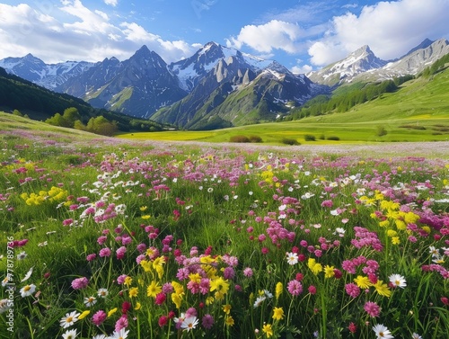Alpine meadow in full bloom, snow-capped peaks in background Summer in the Alps Drone Shot & Ultra HD Vibrant Wilderness
