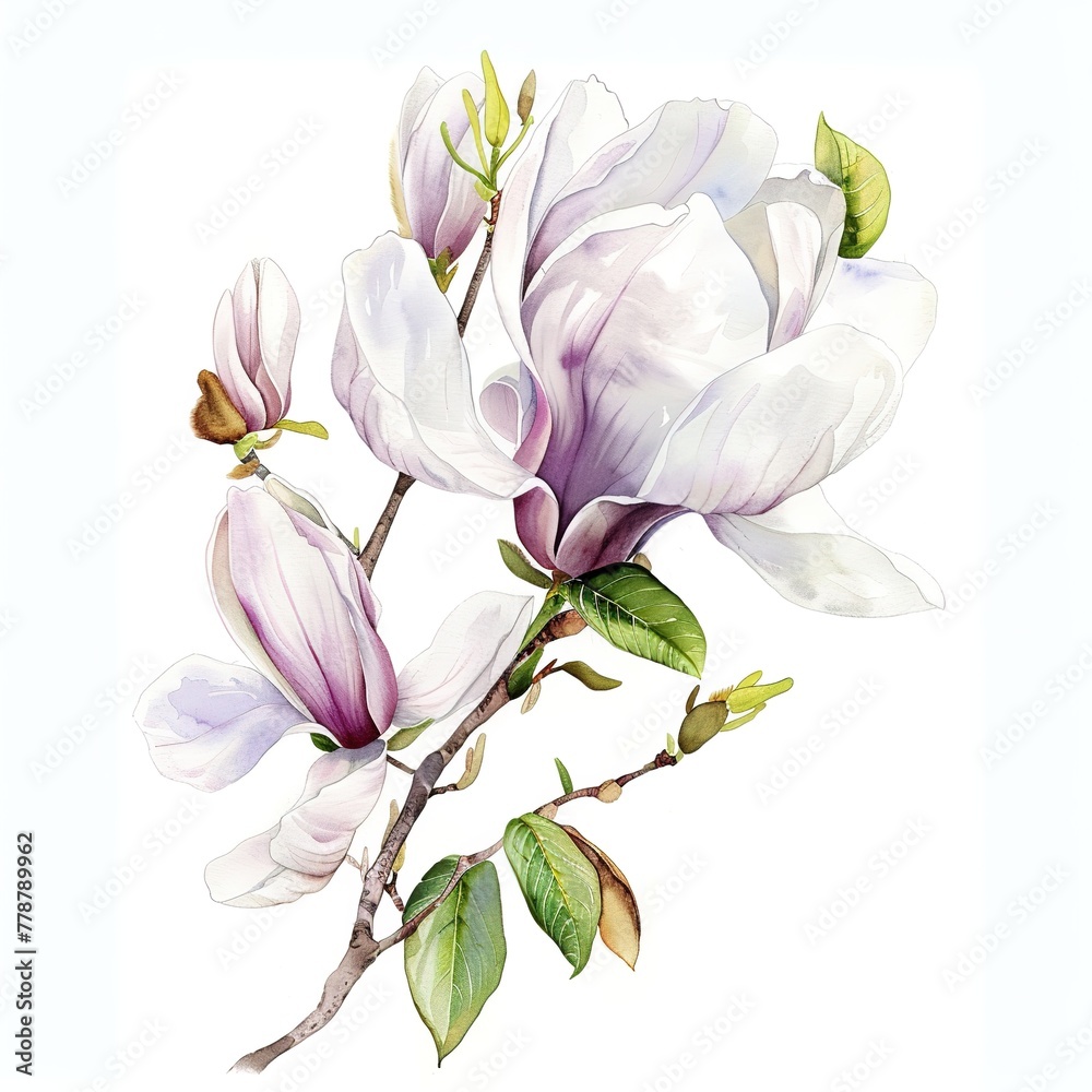Magnolia branch in bloom. Delicate flower petals in watercolor ideal for spring decor, stationery design and textile patterns Magnolia branch in bloom. Delicate flower petals in watercolor ideal for spring decor, stationery design and textile patterns