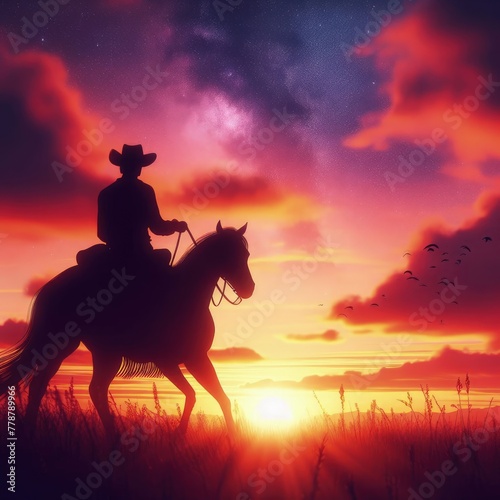 silhouette of a cowboy riding into the sunset  c4d  dreamy and optimistic  vibrant sky