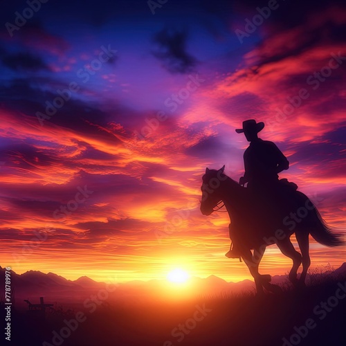 silhouette of a cowboy riding into the sunset, c4d, dreamy and optimistic, vibrant sky © Arnab