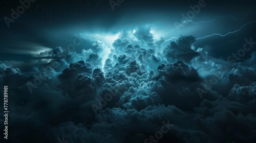 Thunderstorm Clouds Illuminated by Lightning at Night 