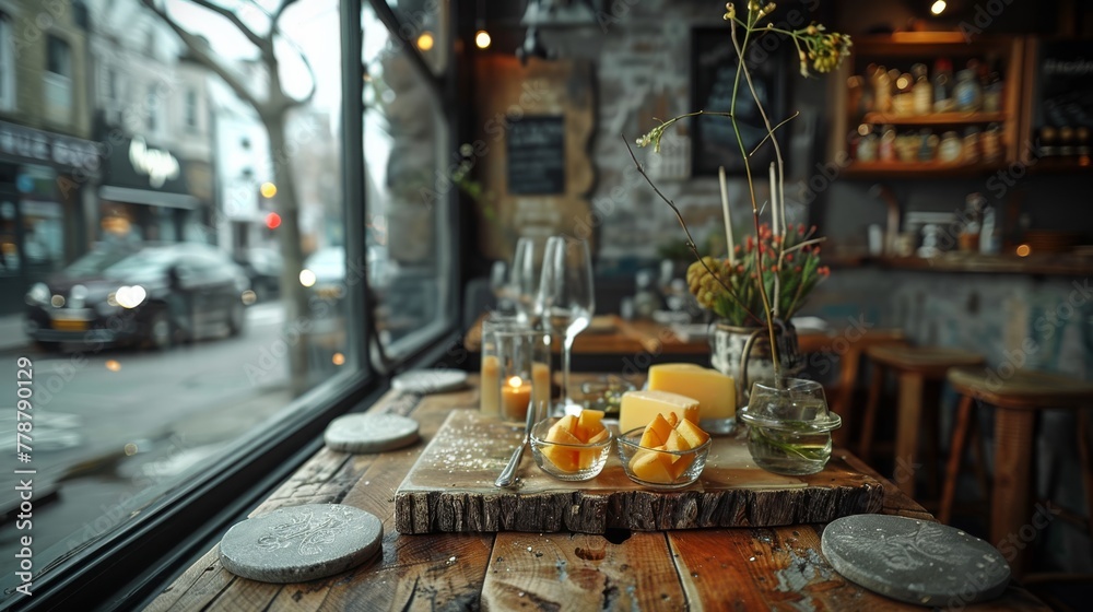   A wooden table topped with a variety of cheese rests beside a large window, providing a picturesque view of the bustling street outside