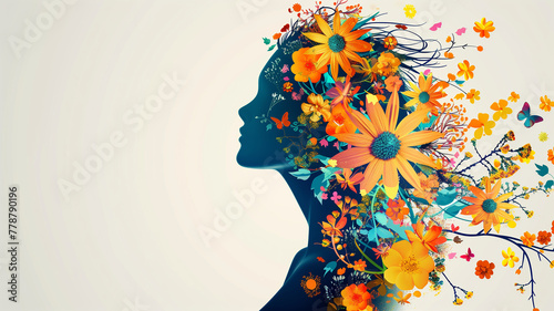 Celebratory floral woman silhouette for Mother's Day, vibrant minimalism on isolated background © praewpailyn