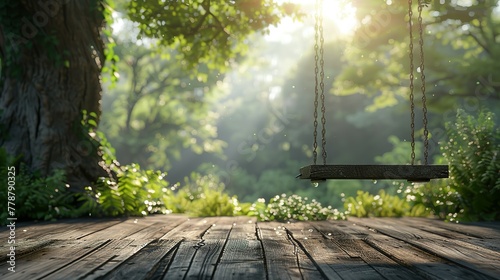 Old wooden terrace with wicker swing hang on the tree with blurry nature background 3d render