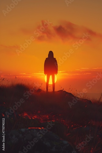 Solitary Silhouette Against a Breathtaking Sunset Backdrop Evoking a Sense of Wonder and Gratitude