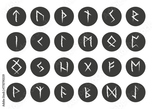 An illustration depicting a set of rune icons drawn with white chalk on gray pebbles. 24 sacred runes on a white background