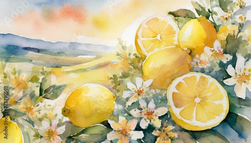 beautiful image with hand drawn watercolor yellow lemons and flowers stock clip art illustration