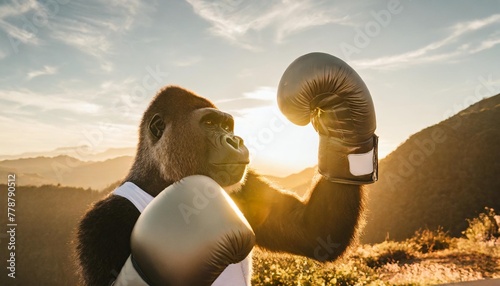 masculine gorilla wants to fight wearing boxing gloves logo for boxing sport photo