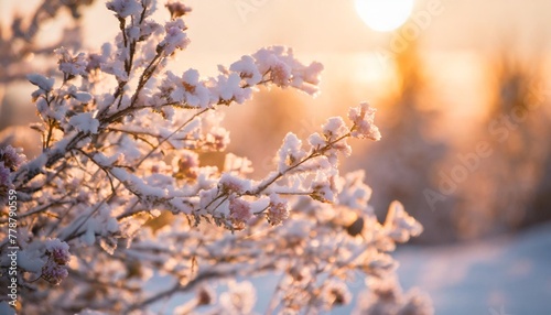 a frosty winter background captures beauty of snow covered branches and flowers