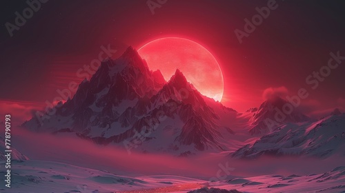   A red moon illuminates a snowy mountain range  casting a glow on a winding river below
