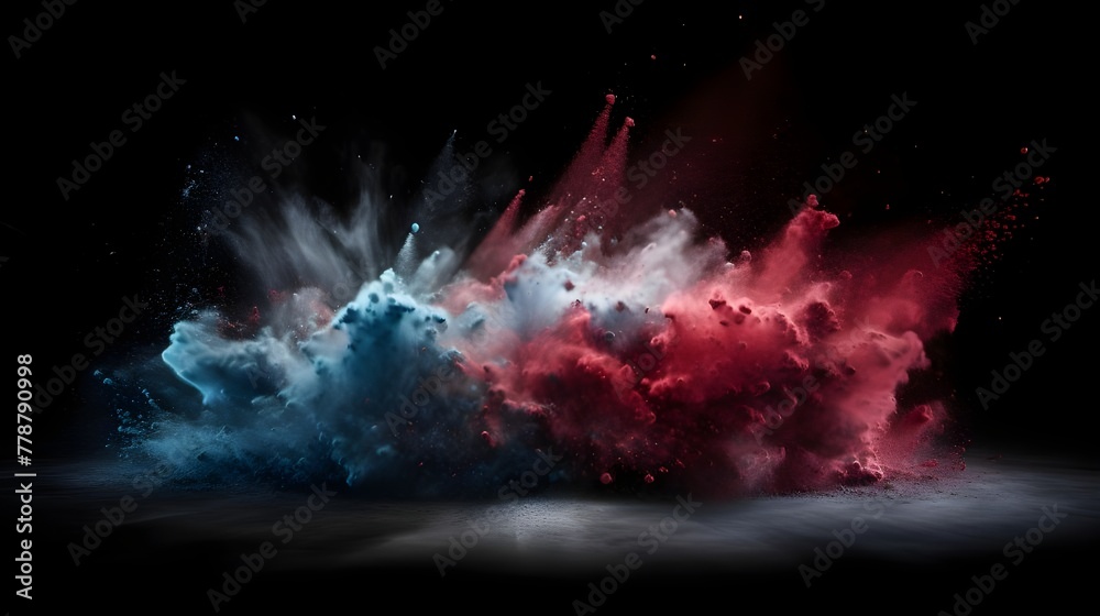 Explosive bursts of red, blue, and white powder on a black background, evoking the lively spirit of Holi paint and echoing the colors of the French and Dutch flags. Minder weergeven
