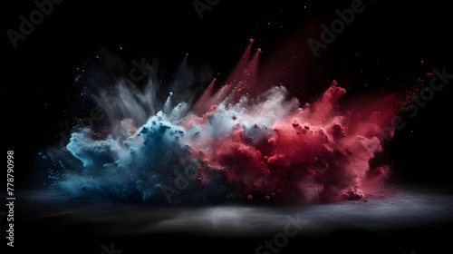 Explosive bursts of red, blue, and white powder on a black background, evoking the lively spirit of Holi paint and echoing the colors of the French and Dutch flags. Minder weergeven
