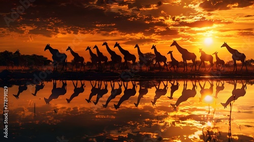 troupeau de girafes au coucher du soleil
 photo