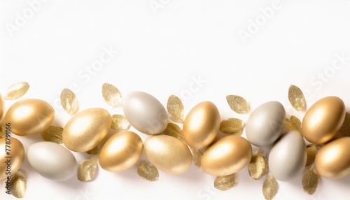 easter eggs scattered forming a long border isolated on a white background pastel colors