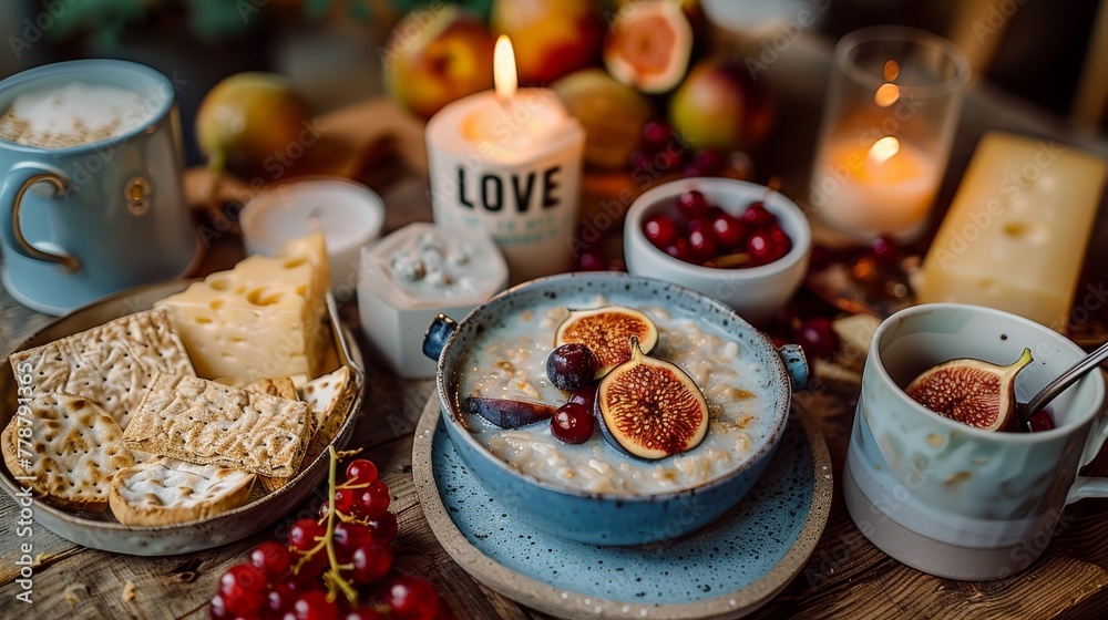   A bowl of oatmeal, cup of coffee, fruit, and crackers