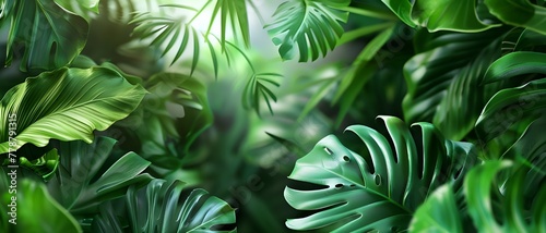 Tropical jungle background with lush green leaves, creating a textured and vibrant scene of a dense jungle