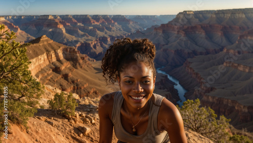 Bellissima donna di origini afro-americane sorride felice durante un trekking in vacanza nel Parco nazionale del Grand Canyon in Arizona photo