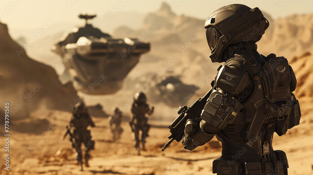 soldiers in spacesuit walking strange planet with rifle soldiers in spacesuit walking strange planet with rifle